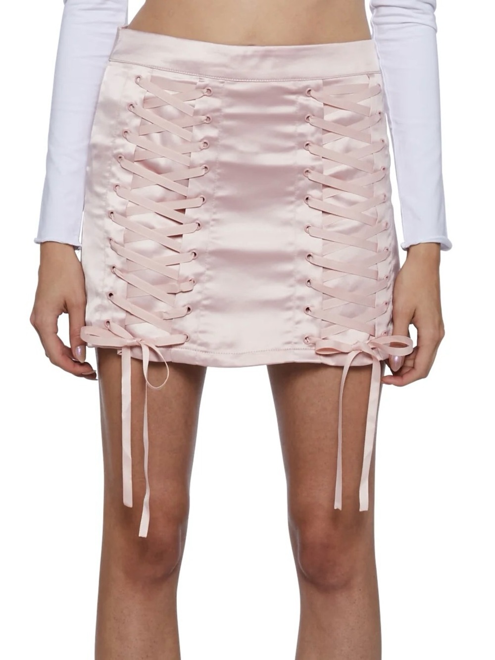 Pink Satin Lace-Up Mini Skirt